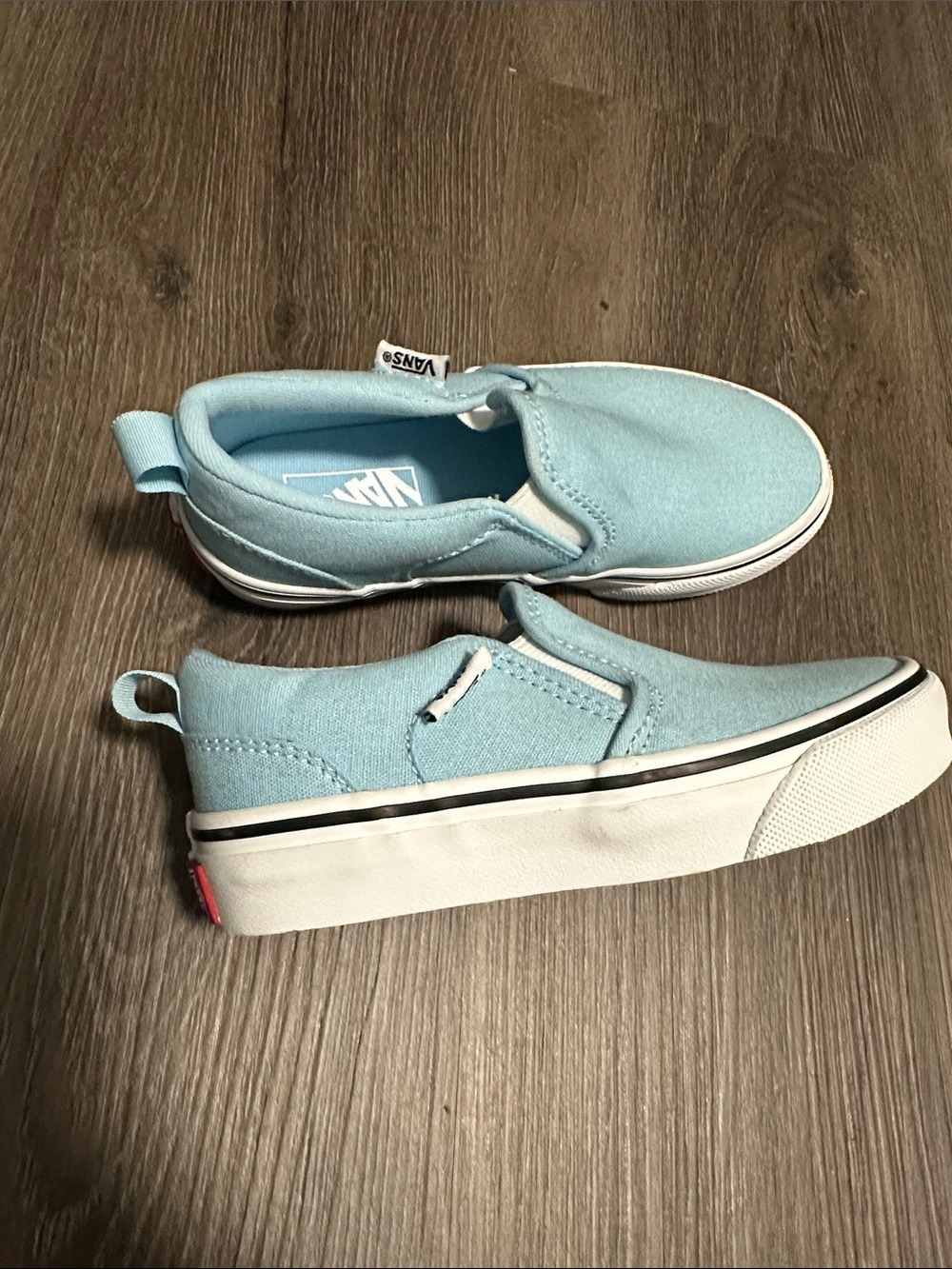 Vans Kids Slip-On Canvas Sneakers in Light Blue and White size 12